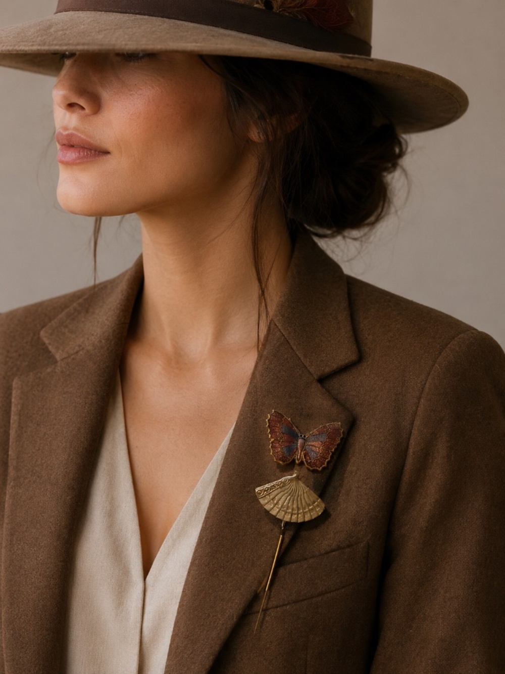Vintage Fan and Butterfly Hat or Lapel Pins Gold Tone